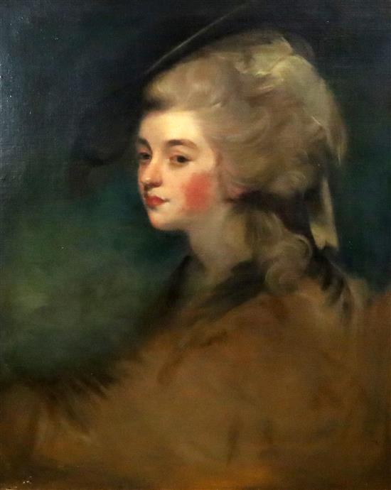 After Sir Joshua Reynolds (1723-1792) Head and shoulder portrait of Georgiana Spencer, Duchess of Devonshire 27.5 x 22.5in.